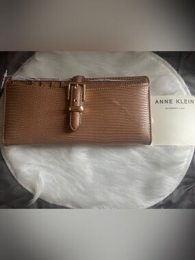 Anne Klein Brown Textured Buckle Wallet with Gold Hardware